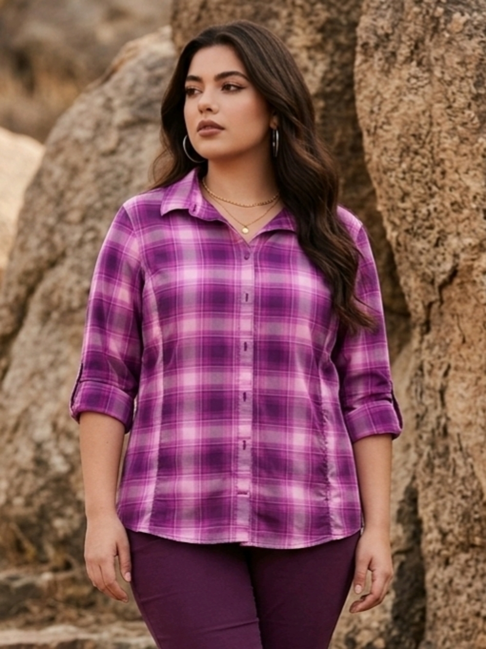 Deluth Trading Women's Button Up Purple Plaid Mesh Pocket Inside Vented EUC
